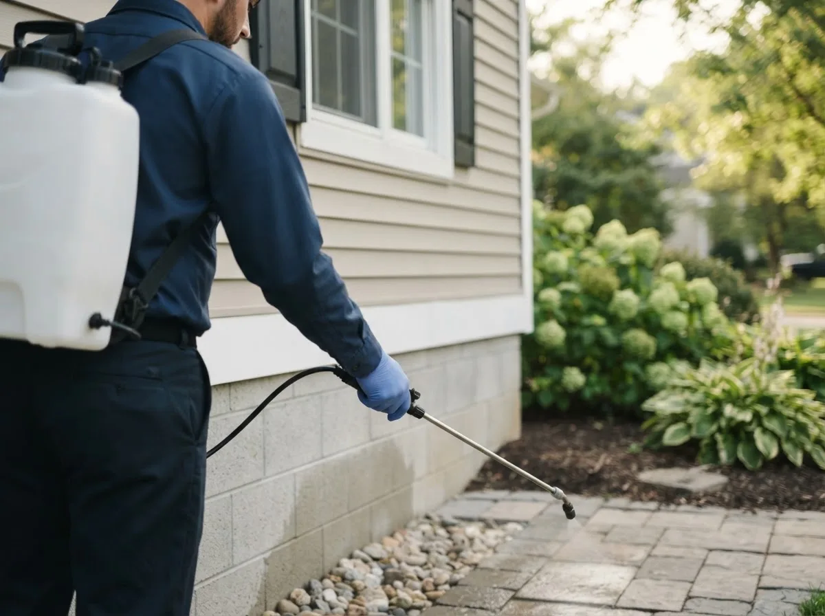 Pest control technician inspecting a home in Hewett, WV